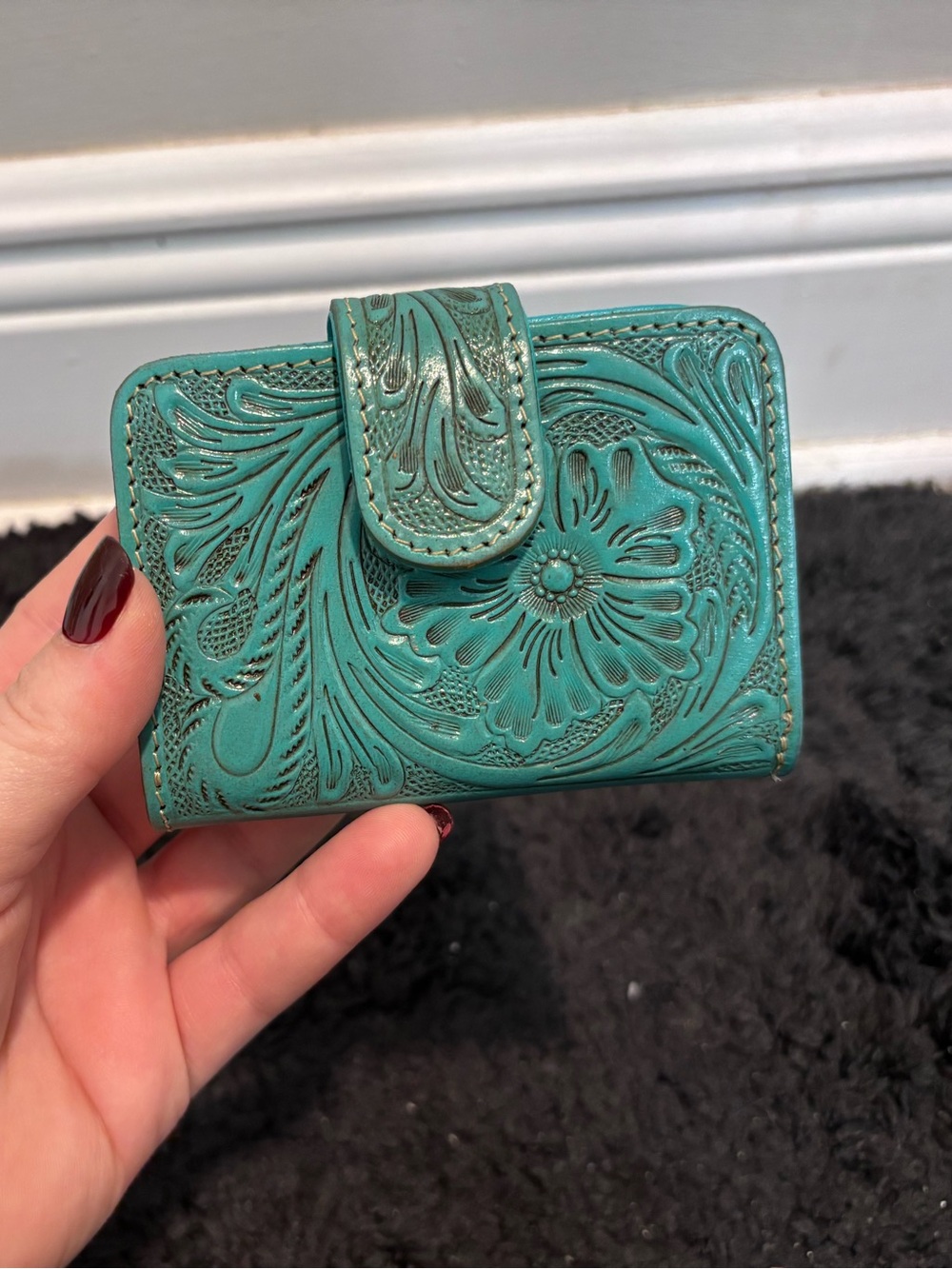 Myra Turquoise Hand-Tooled Leather Mini Wallet